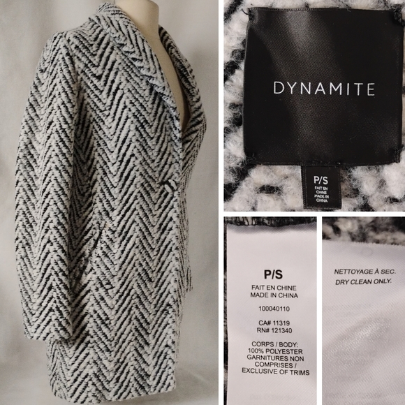 Dynamite Coat Jacket Women's Faux Wool Herring Bone Pattern Black and White - Picture 3 of 16